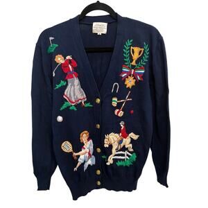 Susan Bristol Vintage 90s Embroidered Women Sports Navy Cardigan Sweater Medium